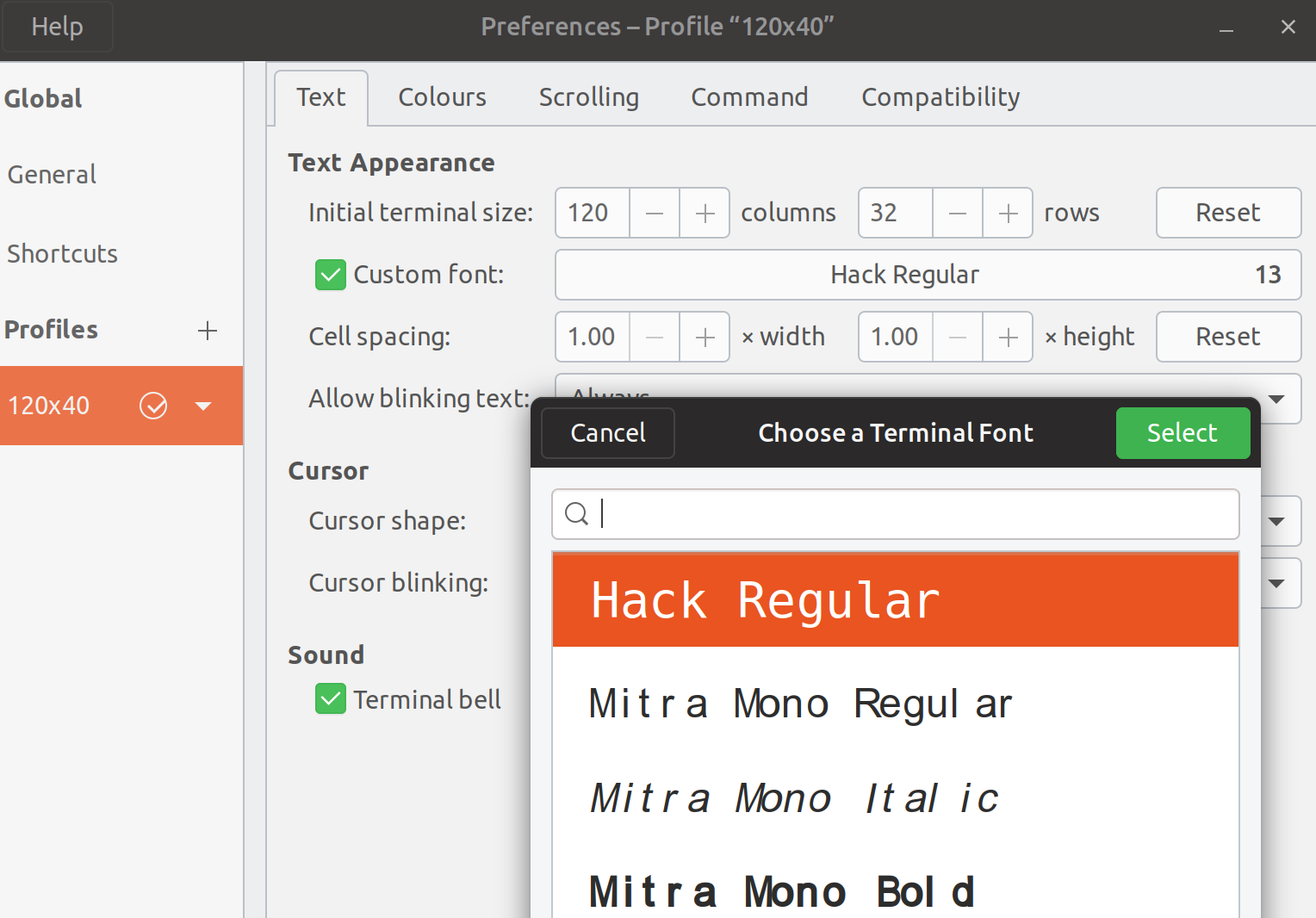 Configure Linux Terminal to use Hack font